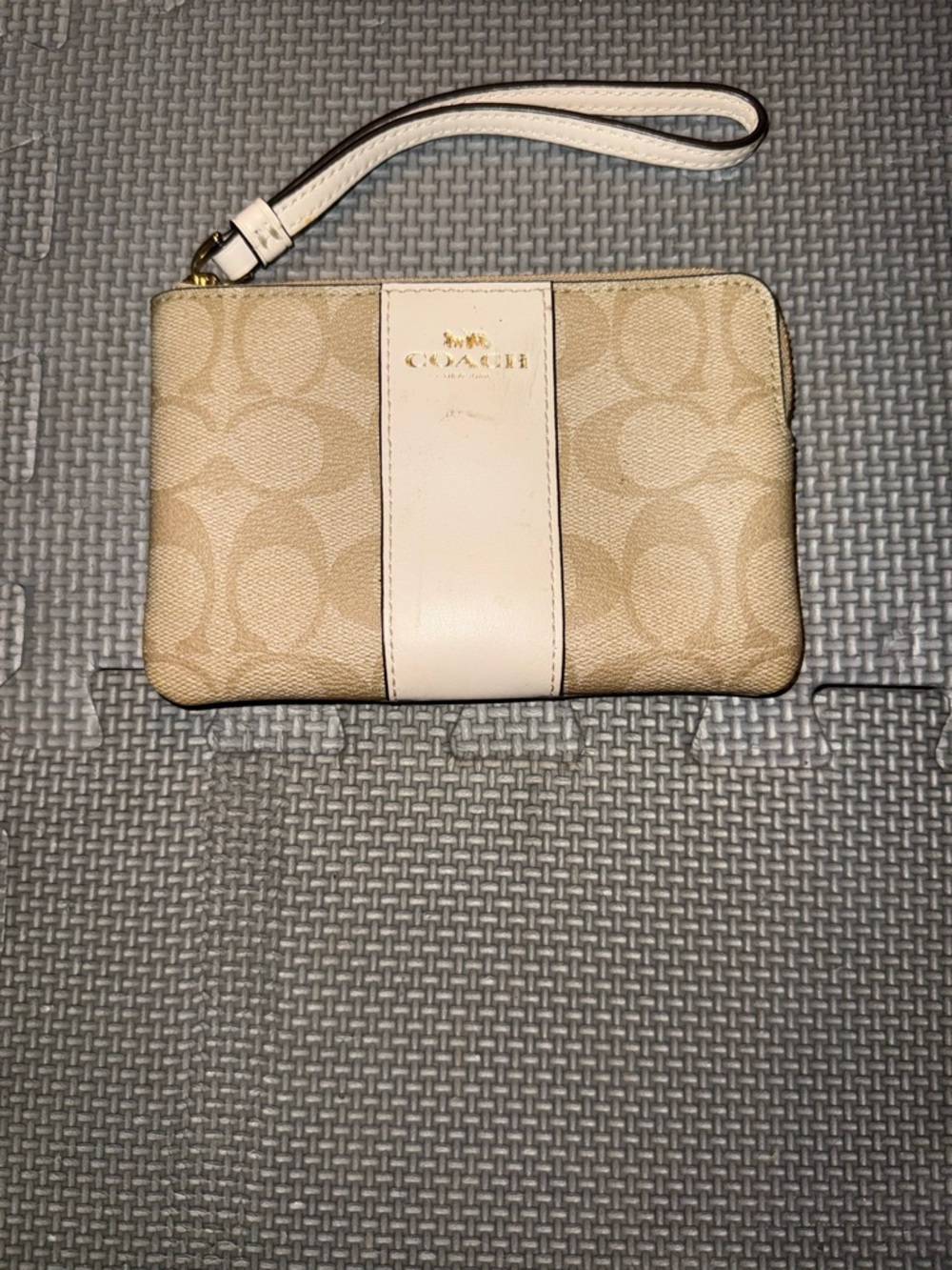 Coach Gold Signature Canvas Wristlet with Cream Center Stripe